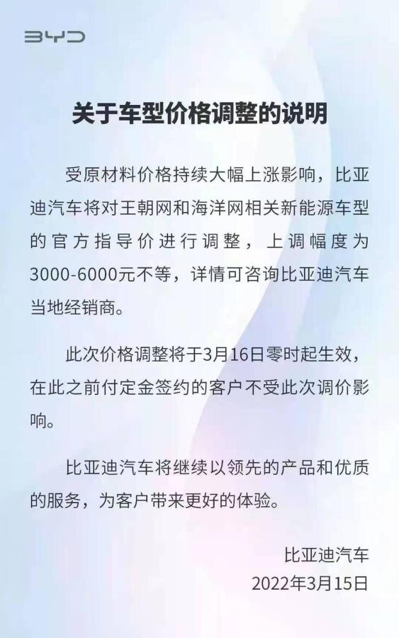 比亚迪再次宣布车型涨价 最高上调6000元 比亚迪再次宣布车型涨价 最高上调6000元