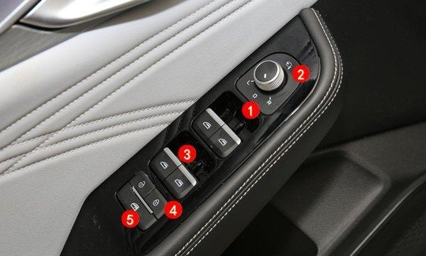 ①左右后视镜选择②后视镜角度调节按钮先选择需要调整的后视镜,之后