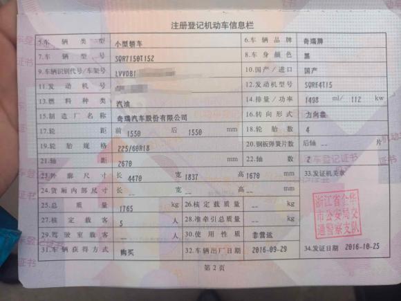 [金华·浙G] 二手奇瑞瑞虎72016款 1.5T 手动耀目版