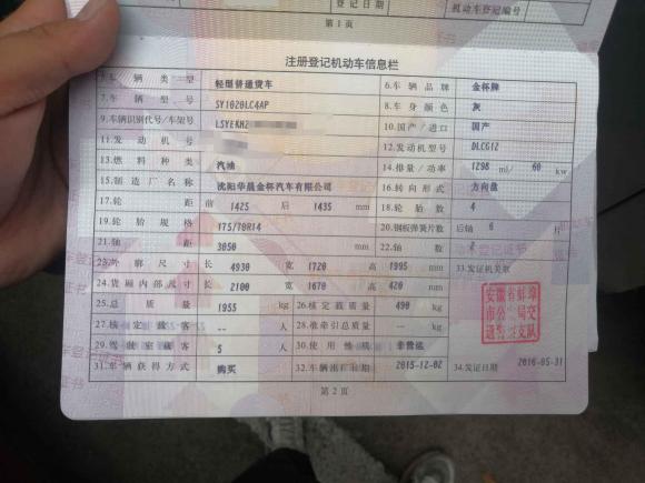 [义乌·皖C] 二手金杯金杯T32015款 1.3L双排舒适型DLCG12