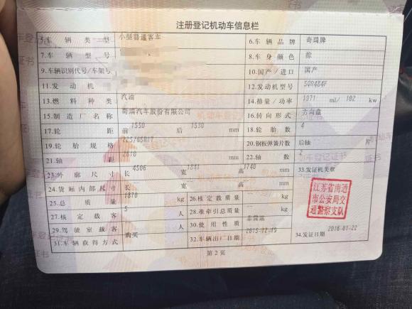 [南通·苏F] 二手奇瑞瑞虎52016款 2.0L 手动家悦版